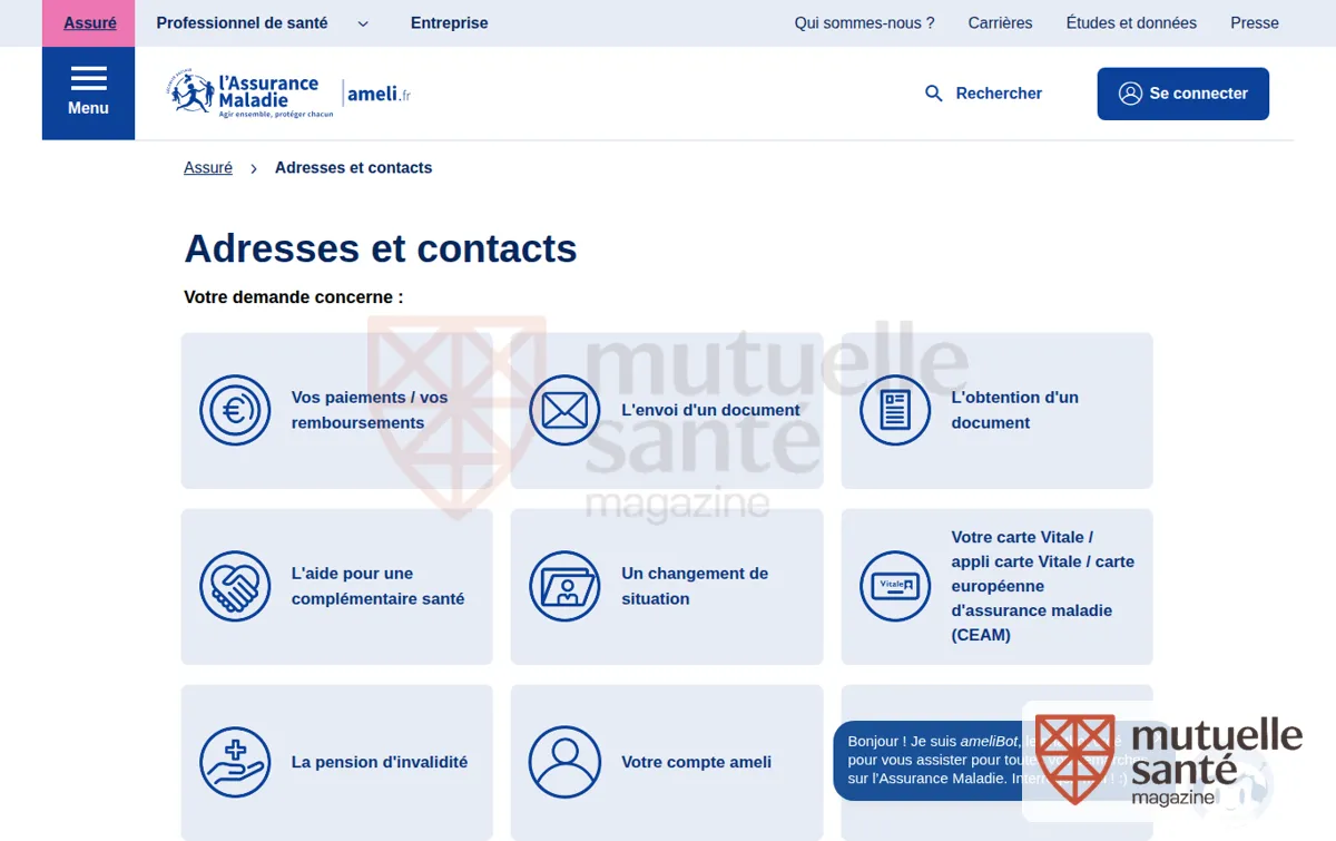 Capture : Adresses et contacts | ameli.fr | Assuré